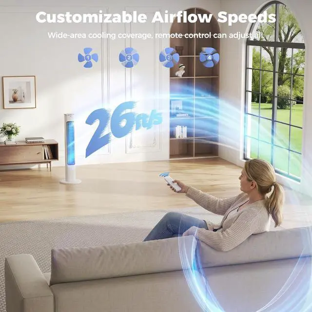 Alt view image 4 of 7 - 40" Smart Tower Fan for Bedroom, 90° Oscillating Cooling Fans with Remote,4 Speeds,26ft/s Airflow,12H Timer,28dB Quiet, Standing Floor Fan for Home