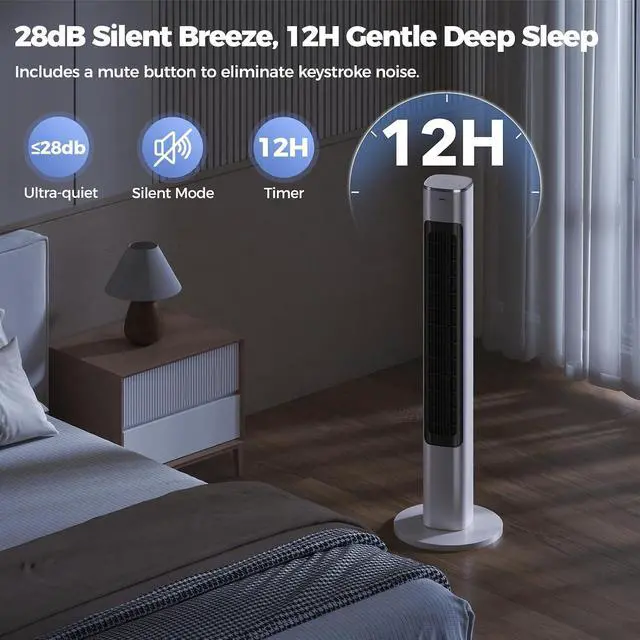 Alt view image 5 of 7 - 40" Smart Tower Fan for Bedroom, 90° Oscillating Cooling Fans with Remote,4 Speeds,26ft/s Airflow,12H Timer,28dB Quiet, Standing Floor Fan for Home