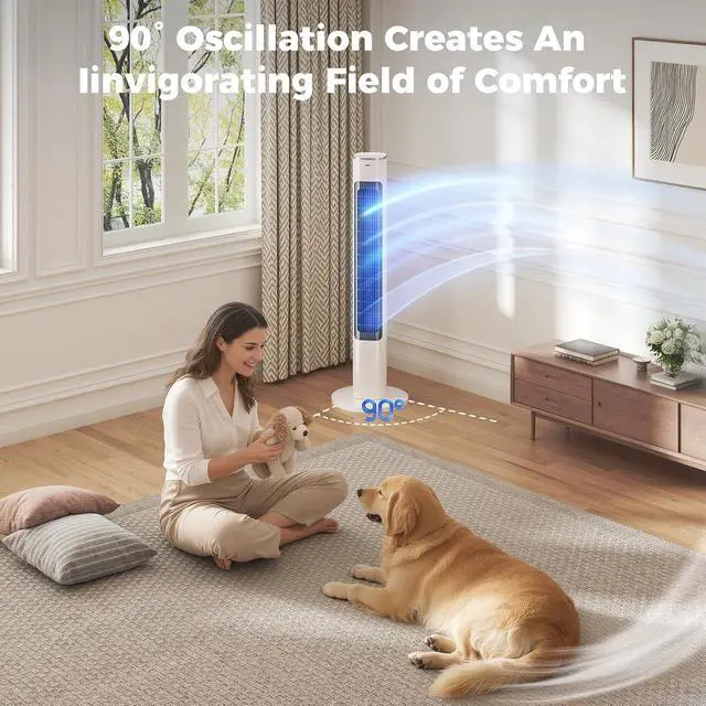 Alt view image 3 of 7 - 40" Smart Tower Fan for Bedroom, 90° Oscillating Cooling Fans with Remote,4 Speeds,26ft/s Airflow,12H Timer,28dB Quiet, Standing Floor Fan for Home