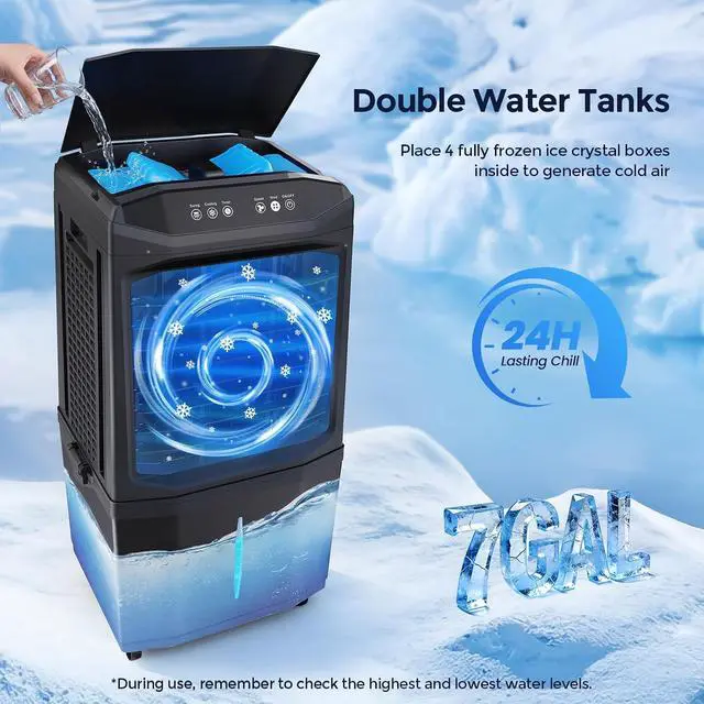 Alt view image 5 of 7 - Cooler Fan, 90° Auto Swing Air Cooling Fan, 7 Gal Water Tank for 30H Cooling, 3 Modes & 3 Speeds,12H Timer