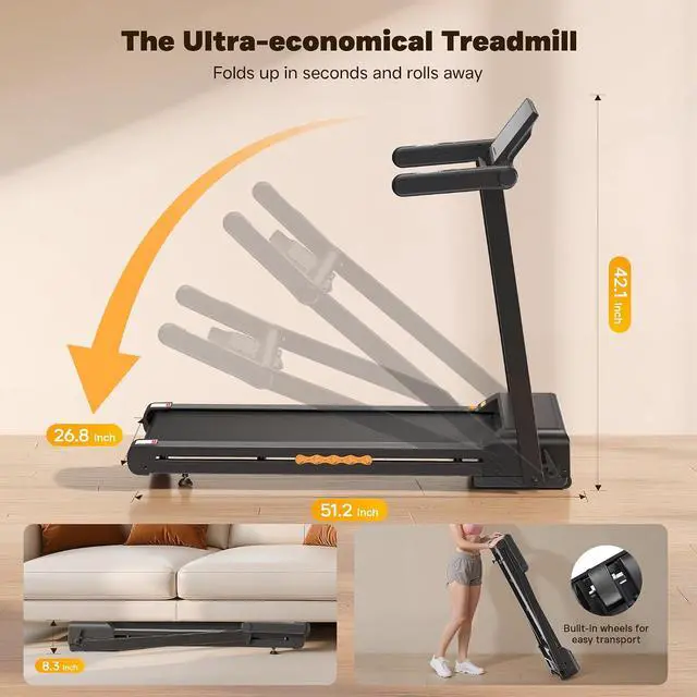 Alt view image 7 of 7 - Folding Treadmill, 3.0 HP Foldable Treadmill for Home Office, Walking Running Treadmill with LED Display for Exercise