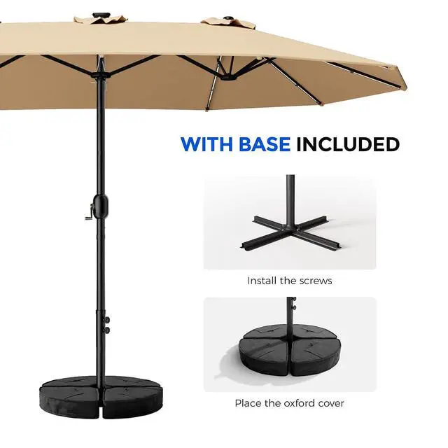 Alt view image 4 of 7 - Patio Umbrella 48 LED Colorful Lights, 15ft Double Sided Outdoor Large Rectangular Patio Umbrella with Crank Handle, for Lawn Garden, Home, Outdoor Activities, Beige(with Base)