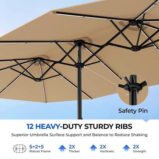 Alt view image 2 of 7 - Patio Umbrella 48 LED Colorful Lights, 15ft Double Sided Outdoor Large Rectangular Patio Umbrella with Crank Handle, for Lawn Garden, Home, Outdoor Activities, Beige(with Base)
