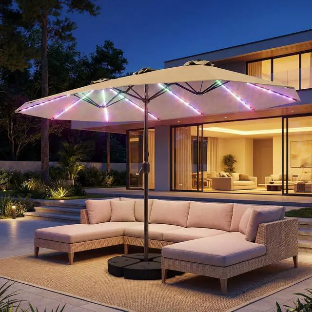 Alt view image 5 of 7 - Patio Umbrella 48 LED Colorful Lights, 15ft Double Sided Outdoor Large Rectangular Patio Umbrella with Crank Handle, for Lawn Garden, Home, Outdoor Activities, Beige(with Base)