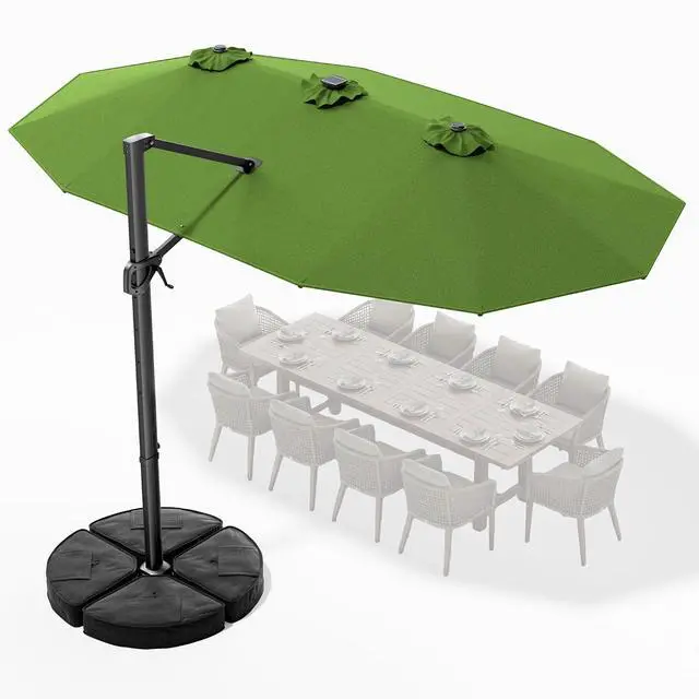 Main image of 15FT Cantilever Patio Umbrella with LED Lights, 360°Rotation Large Double Sided Rectangular Outdoor Umbrella for Garden, Backyard, Pool, Deck, Green(with Base)