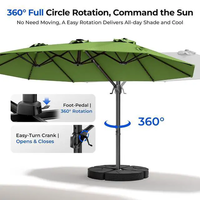 Alt view image 2 of 7 - 15FT Cantilever Patio Umbrella with LED Lights, 360°Rotation Large Double Sided Rectangular Outdoor Umbrella for Garden, Backyard, Pool, Deck, Green(with Base)