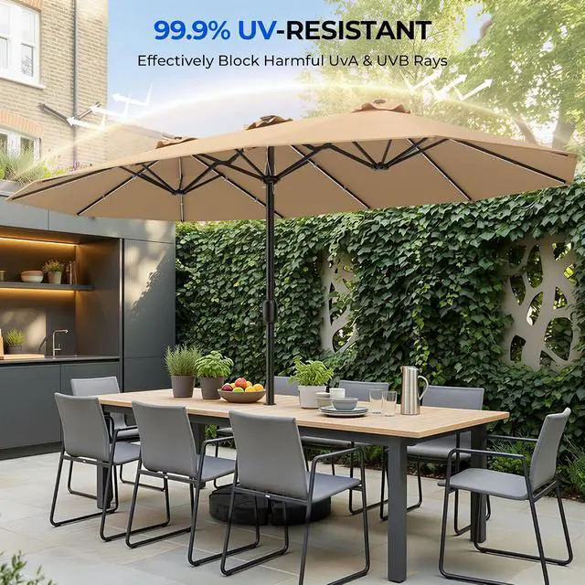 Alt view image 6 of 7 - Patio Umbrella 48 LED Colorful Lights, 15ft Double Sided Outdoor Large Rectangular Patio Umbrella with Crank Handle, for Lawn Garden, Home, Outdoor Activities, Beige(with Base)