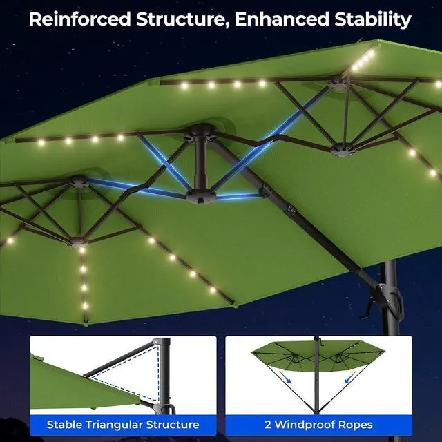 Alt view image 3 of 7 - 15FT Cantilever Patio Umbrella with LED Lights, 360°Rotation Large Double Sided Rectangular Outdoor Umbrella for Garden, Backyard, Pool, Deck, Green(with Base)