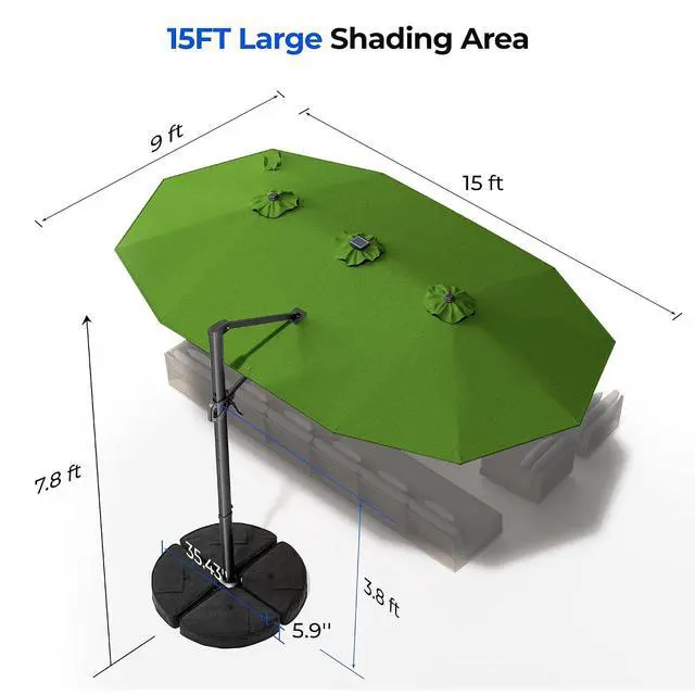 Alt view image 6 of 7 - 15FT Cantilever Patio Umbrella with LED Lights, 360°Rotation Large Double Sided Rectangular Outdoor Umbrella for Garden, Backyard, Pool, Deck, Green(with Base)