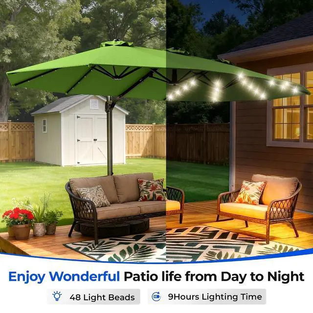 Alt view image 5 of 7 - 15FT Cantilever Patio Umbrella with LED Lights, 360°Rotation Large Double Sided Rectangular Outdoor Umbrella for Garden, Backyard, Pool, Deck, Green(with Base)