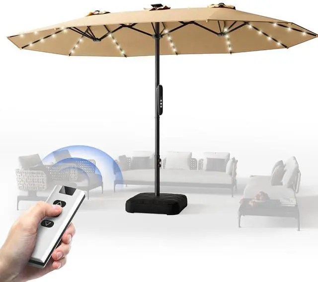 Main image of 15ft Smart Electric Patio Umbrella, Large Double Sided Rectangular Outdoor Patio Umbrella with Light and Base for Lawn, Garden, Backyard,Beige