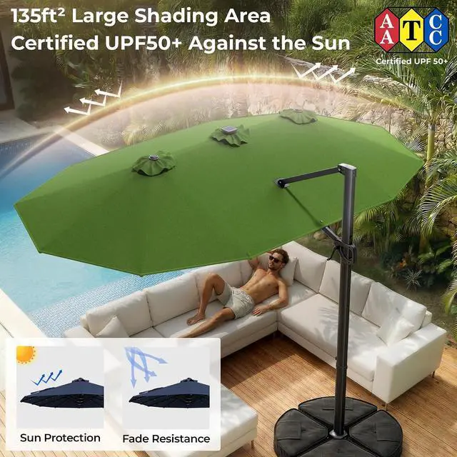 Alt view image 4 of 7 - 15FT Cantilever Patio Umbrella with LED Lights, 360°Rotation Large Double Sided Rectangular Outdoor Umbrella for Garden, Backyard, Pool, Deck, Green(with Base)