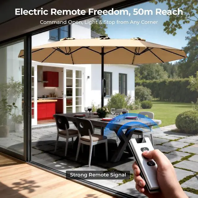 Alt view image 2 of 7 - 15ft Smart Electric Patio Umbrella, Large Double Sided Rectangular Outdoor Patio Umbrella with Light and Base for Lawn, Garden, Backyard,Beige