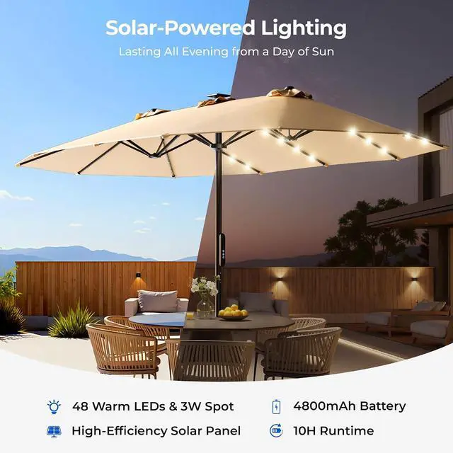 Alt view image 5 of 7 - 15ft Smart Electric Patio Umbrella, Large Double Sided Rectangular Outdoor Patio Umbrella with Light and Base for Lawn, Garden, Backyard,Beige
