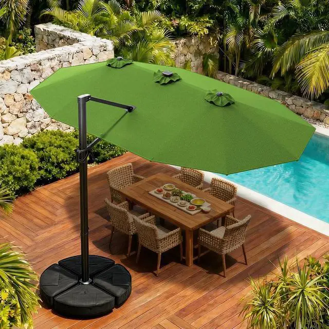Alt view image 7 of 7 - 15FT Cantilever Patio Umbrella with LED Lights, 360°Rotation Large Double Sided Rectangular Outdoor Umbrella for Garden, Backyard, Pool, Deck, Green(with Base)