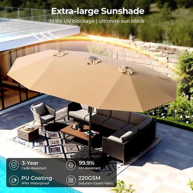 Alt view image 6 of 7 - 15ft Smart Electric Patio Umbrella, Large Double Sided Rectangular Outdoor Patio Umbrella with Light and Base for Lawn, Garden, Backyard,Beige