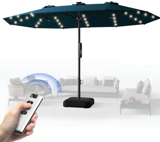 Main image of 15ft Smart Electric Patio Umbrella, Large Double Sided Rectangular Outdoor Patio Umbrella with Light and Base for Lawn, Garden, Backyard,Light Blue