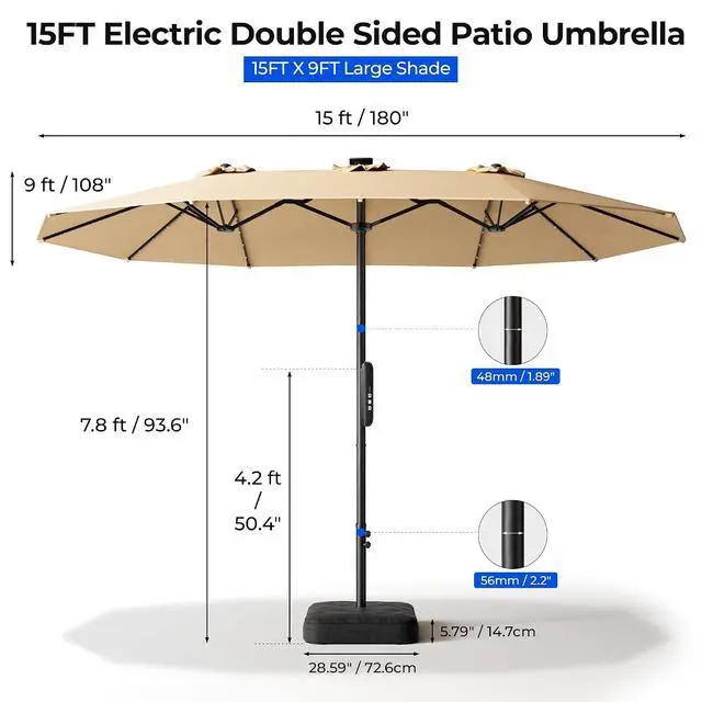 Alt view image 7 of 7 - 15ft Smart Electric Patio Umbrella, Large Double Sided Rectangular Outdoor Patio Umbrella with Light and Base for Lawn, Garden, Backyard,Beige
