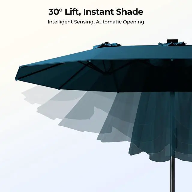 Alt view image 2 of 7 - 15ft Smart Electric Patio Umbrella, Large Double Sided Rectangular Outdoor Patio Umbrella with Light and Base for Lawn, Garden, Backyard,Light Blue