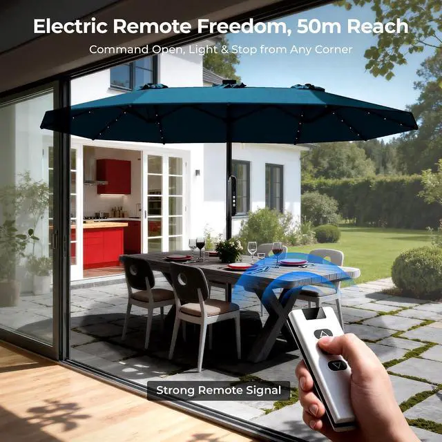 Alt view image 3 of 7 - 15ft Smart Electric Patio Umbrella, Large Double Sided Rectangular Outdoor Patio Umbrella with Light and Base for Lawn, Garden, Backyard,Light Blue