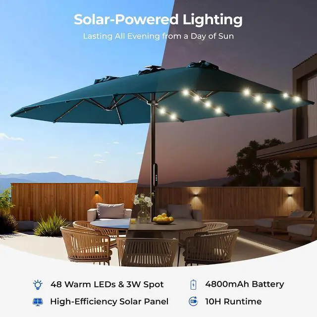 Alt view image 6 of 7 - 15ft Smart Electric Patio Umbrella, Large Double Sided Rectangular Outdoor Patio Umbrella with Light and Base for Lawn, Garden, Backyard,Light Blue
