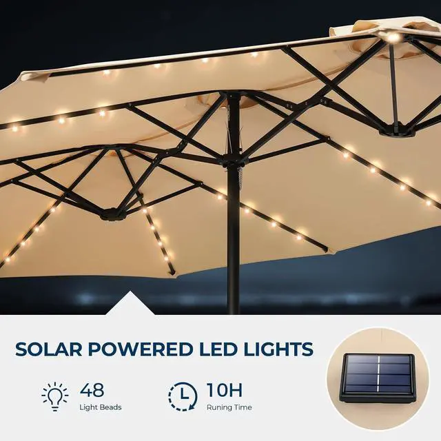 Alt view image 2 of 7 - 15ft Patio Umbrella with Solar Lights, Double Sided Large Rectangular Outdoor Umbrella with Crank Handle for Backyard, Pool, Deck, Garden, Beige (Base Included)