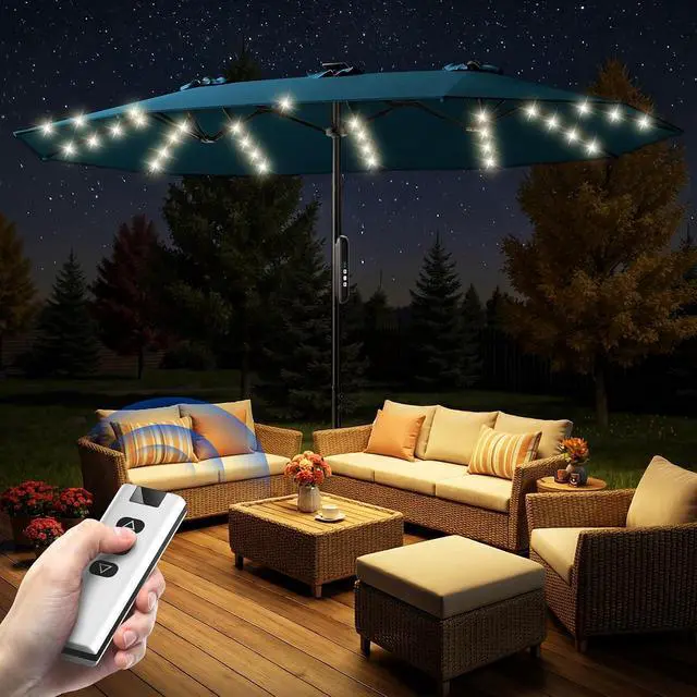 Alt view image 7 of 7 - 15ft Smart Electric Patio Umbrella, Large Double Sided Rectangular Outdoor Patio Umbrella with Light and Base for Lawn, Garden, Backyard,Light Blue