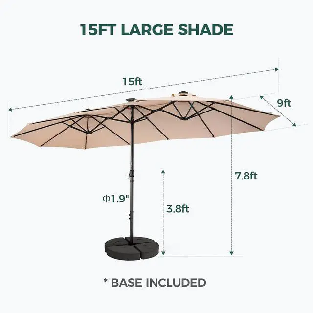 Alt view image 5 of 7 - 15ft Patio Umbrella with Solar Lights, Double Sided Large Rectangular Outdoor Umbrella with Crank Handle for Backyard, Pool, Deck, Garden, Beige (Base Included)