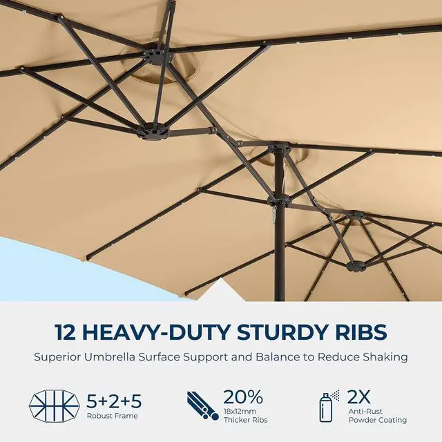Alt view image 6 of 7 - 15ft Patio Umbrella with Solar Lights, Double Sided Large Rectangular Outdoor Umbrella with Crank Handle for Backyard, Pool, Deck, Garden, Beige (Base Included)