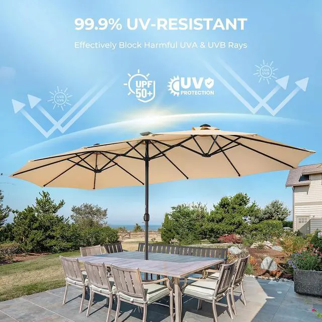 Alt view image 3 of 7 - 15ft Patio Umbrella with Solar Lights, Double Sided Large Rectangular Outdoor Umbrella with Crank Handle for Backyard, Pool, Deck, Garden, Beige (Base Included)