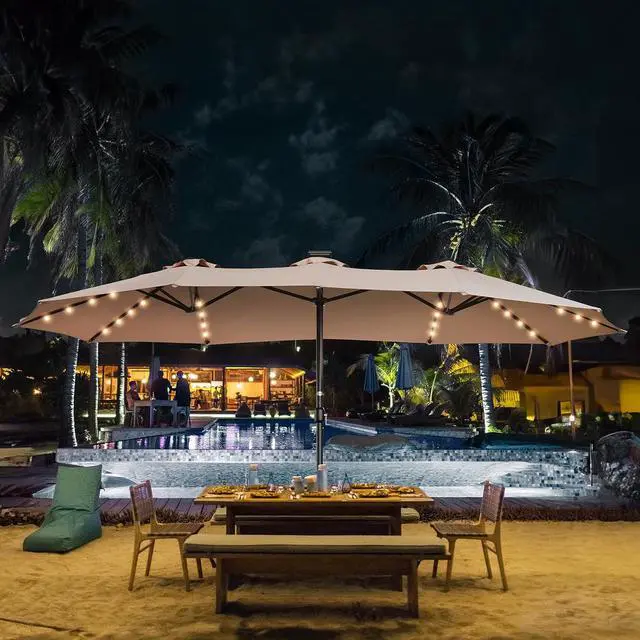 Alt view image 7 of 7 - 15ft Patio Umbrella with Solar Lights, Double Sided Large Rectangular Outdoor Umbrella with Crank Handle for Backyard, Pool, Deck, Garden, Beige (Base Included)