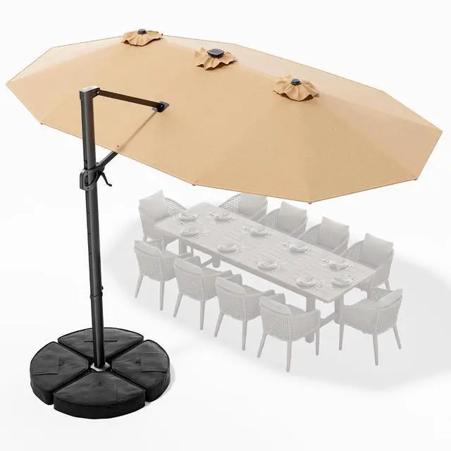 Main image of 15FT Cantilever Patio Umbrella with LED Lights, 360°Rotation Large Double Sided Rectangular Outdoor Umbrella for Garden, Backyard, Pool, Deck, Beige(with Base)