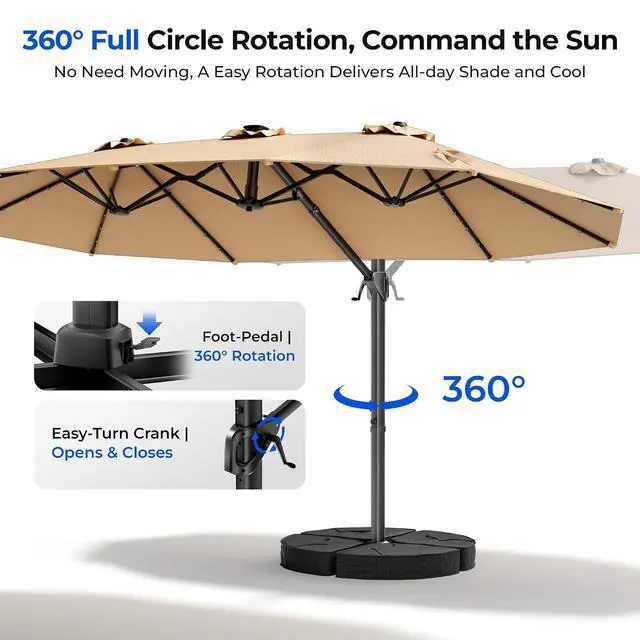 Alt view image 2 of 7 - 15FT Cantilever Patio Umbrella with LED Lights, 360°Rotation Large Double Sided Rectangular Outdoor Umbrella for Garden, Backyard, Pool, Deck, Beige(with Base)