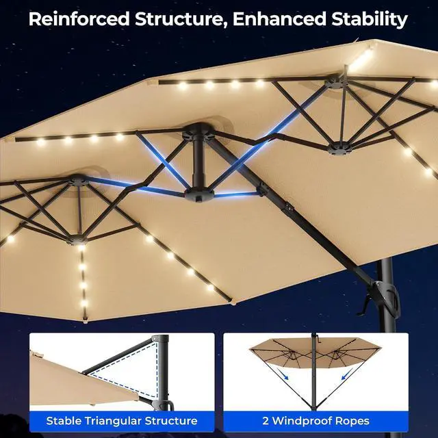 Alt view image 4 of 7 - 15FT Cantilever Patio Umbrella with LED Lights, 360°Rotation Large Double Sided Rectangular Outdoor Umbrella for Garden, Backyard, Pool, Deck, Beige(with Base)
