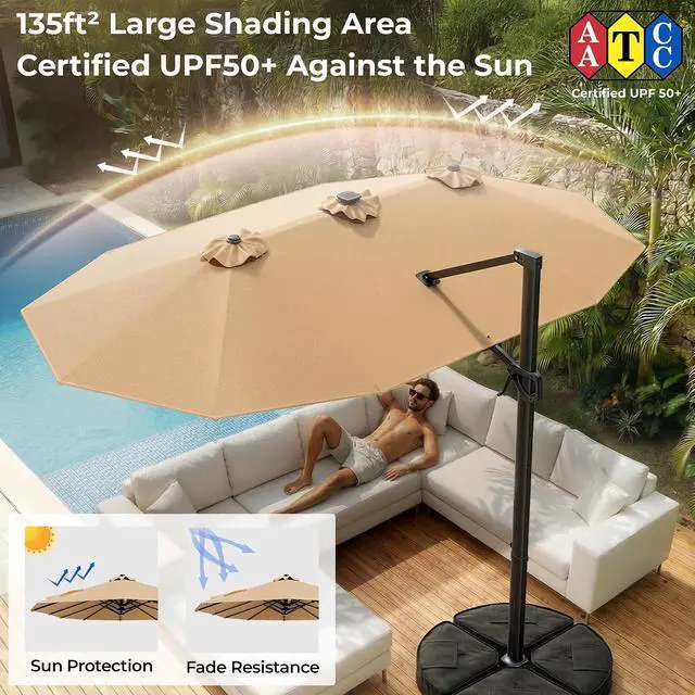 Alt view image 5 of 7 - 15FT Cantilever Patio Umbrella with LED Lights, 360°Rotation Large Double Sided Rectangular Outdoor Umbrella for Garden, Backyard, Pool, Deck, Beige(with Base)