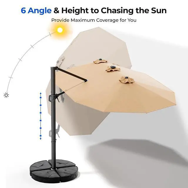 Alt view image 3 of 7 - 15FT Cantilever Patio Umbrella with LED Lights, 360°Rotation Large Double Sided Rectangular Outdoor Umbrella for Garden, Backyard, Pool, Deck, Beige(with Base)