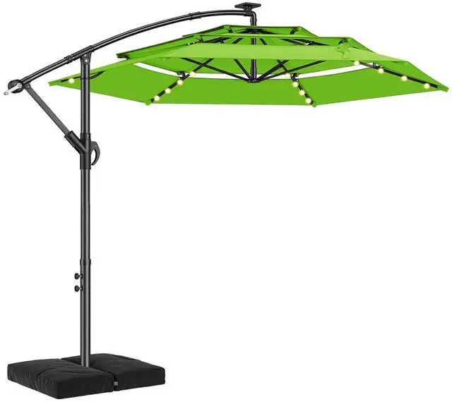 Main image of 10ft 3-Tiered Cantilever Patio Umbrella with Solar LED Lights, Hanging Offset Market Outdoor Umbrella Shade with Base for Beach, Backyard, Deck, Poolside, Green
