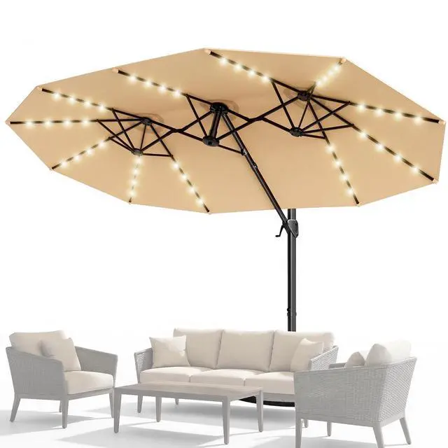 Alt view image 6 of 7 - 15FT Cantilever Patio Umbrella with LED Lights, 360°Rotation Large Double Sided Rectangular Outdoor Umbrella for Garden, Backyard, Pool, Deck, Beige(with Base)