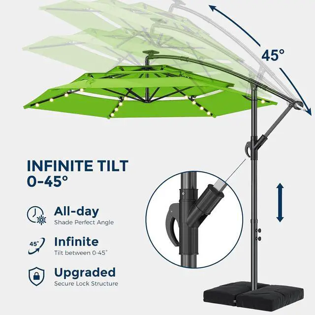 Alt view image 3 of 7 - 10ft 3-Tiered Cantilever Patio Umbrella with Solar LED Lights, Hanging Offset Market Outdoor Umbrella Shade with Base for Beach, Backyard, Deck, Poolside, Green