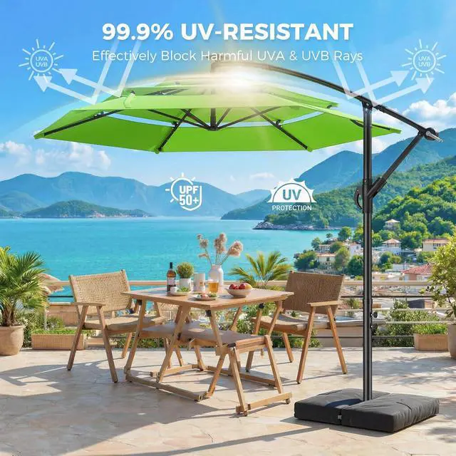 Alt view image 2 of 7 - 10ft 3-Tiered Cantilever Patio Umbrella with Solar LED Lights, Hanging Offset Market Outdoor Umbrella Shade with Base for Beach, Backyard, Deck, Poolside, Green