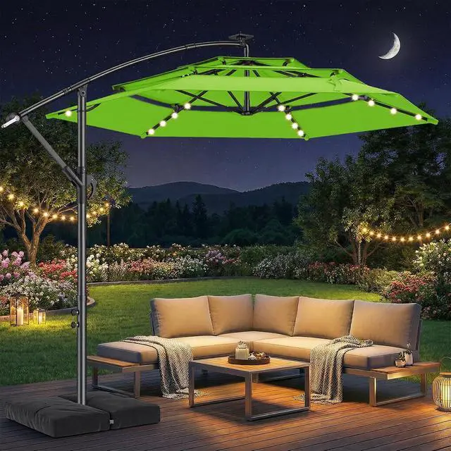 Alt view image 5 of 7 - 10ft 3-Tiered Cantilever Patio Umbrella with Solar LED Lights, Hanging Offset Market Outdoor Umbrella Shade with Base for Beach, Backyard, Deck, Poolside, Green