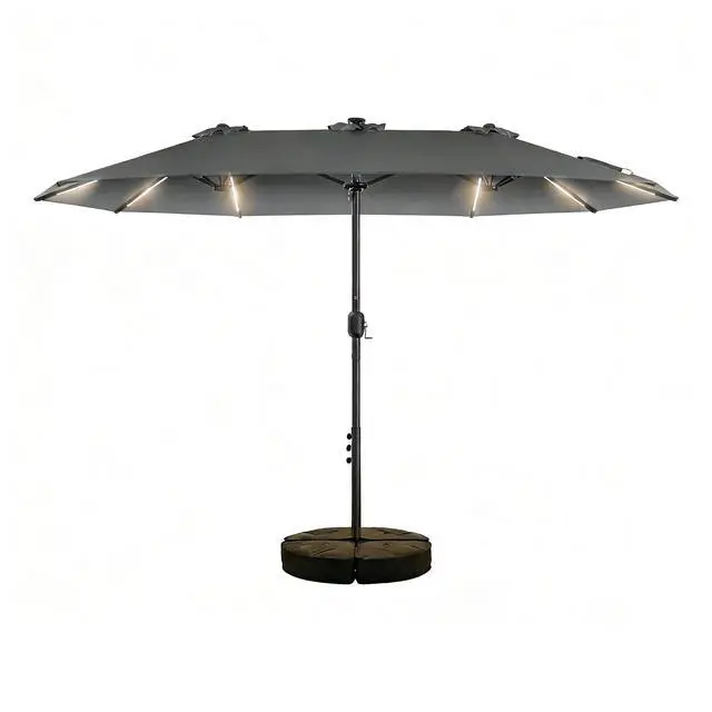 Main image of 15FT Double Sided Rectangular Patio Umbrella with LED Light Bars and Base, Large Outdoor Sun Umbrella with Crank Open and Close for Patio, Lawn, Garden, Backyard,Gray