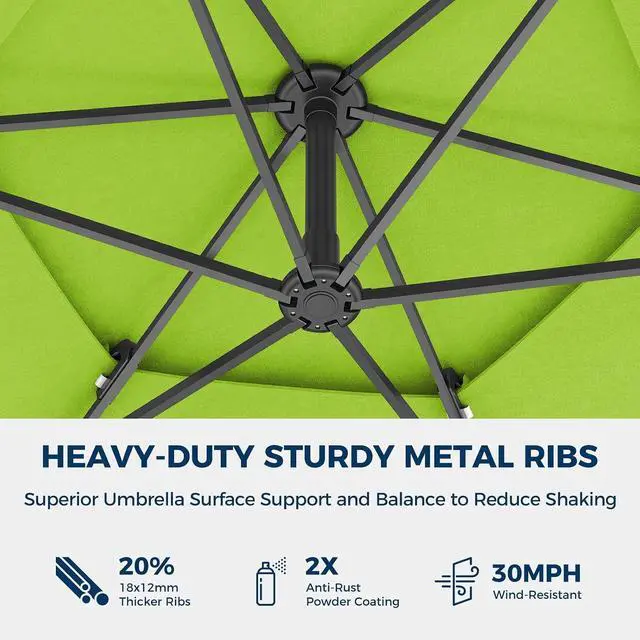 Alt view image 5 of 7 - 10ft 3-Tiered Cantilever Patio Umbrella Solar LED Lighted, Hanging Offset Market Outdoor Sun Shade for Beach, Backyard, Deck, Poolside, Green