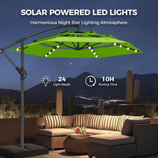 Alt view image 4 of 7 - 10ft 3-Tiered Cantilever Patio Umbrella with Solar LED Lights, Hanging Offset Market Outdoor Umbrella Shade with Base for Beach, Backyard, Deck, Poolside, Green