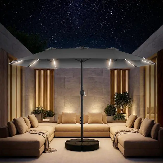 Alt view image 2 of 7 - 15FT Double Sided Rectangular Patio Umbrella with LED Light Bars and Base, Large Outdoor Sun Umbrella with Crank Open and Close for Patio, Lawn, Garden, Backyard,Gray