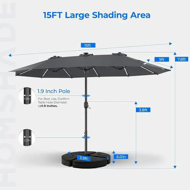 Alt view image 4 of 7 - 15FT Double Sided Rectangular Patio Umbrella with LED Light Bars and Base, Large Outdoor Sun Umbrella with Crank Open and Close for Patio, Lawn, Garden, Backyard,Gray