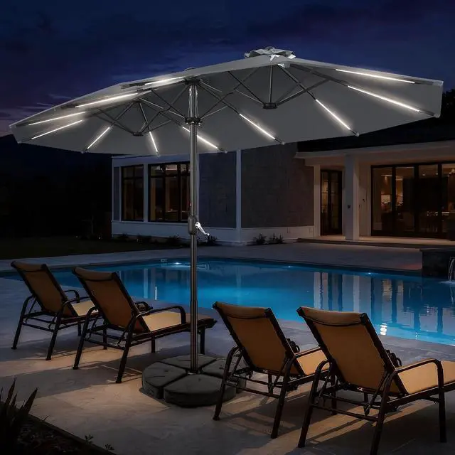 Alt view image 5 of 7 - 15FT Double Sided Rectangular Patio Umbrella with LED Light Bars and Base, Large Outdoor Sun Umbrella with Crank Open and Close for Patio, Lawn, Garden, Backyard,Gray