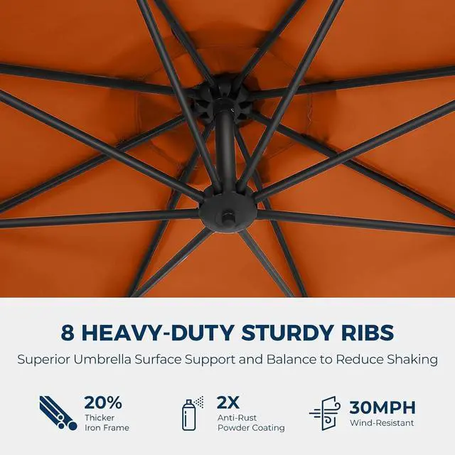Alt view image 6 of 7 - 10ft Cantilever Hanging Outdoor Umbrella (Includes Base), 360-Degree Rotation Patio Umbrella for Backyard, Deck, Poolside and Garden, Orange