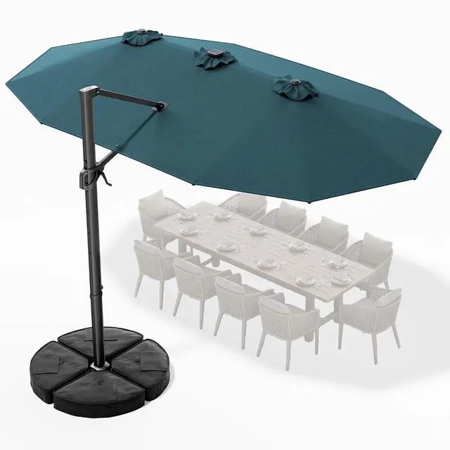 Main image of 15FT Cantilever Patio Umbrella with LED Lights, 360°Rotation Large Double Sided Rectangular Outdoor Umbrella for Garden, Backyard, Pool, Deck, Light Blue(with Base)