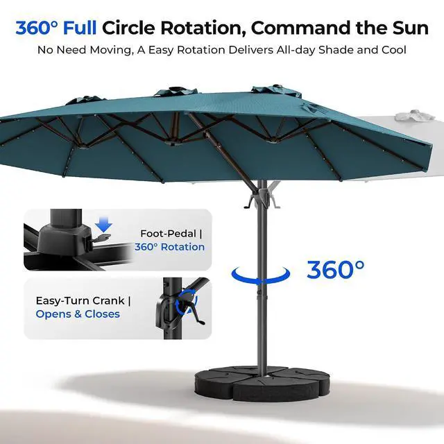 Alt view image 2 of 7 - 15FT Cantilever Patio Umbrella with LED Lights, 360°Rotation Large Double Sided Rectangular Outdoor Umbrella for Garden, Backyard, Pool, Deck, Light Blue(with Base)